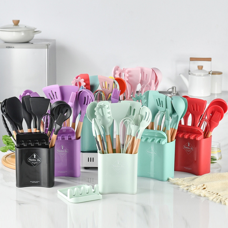 7 color new kitchen ware cookware set silicone spatula tools wooden utensils set for kitchen